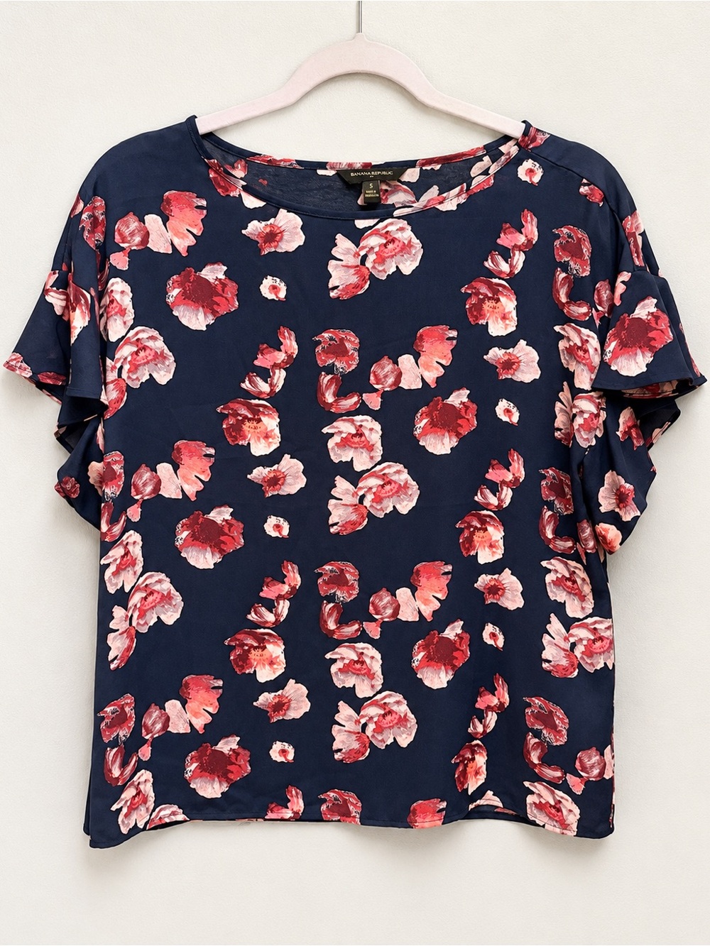 Banana Republic Navy Floral Short Sleeve Blouse - Pink/Burgundy Floral Print